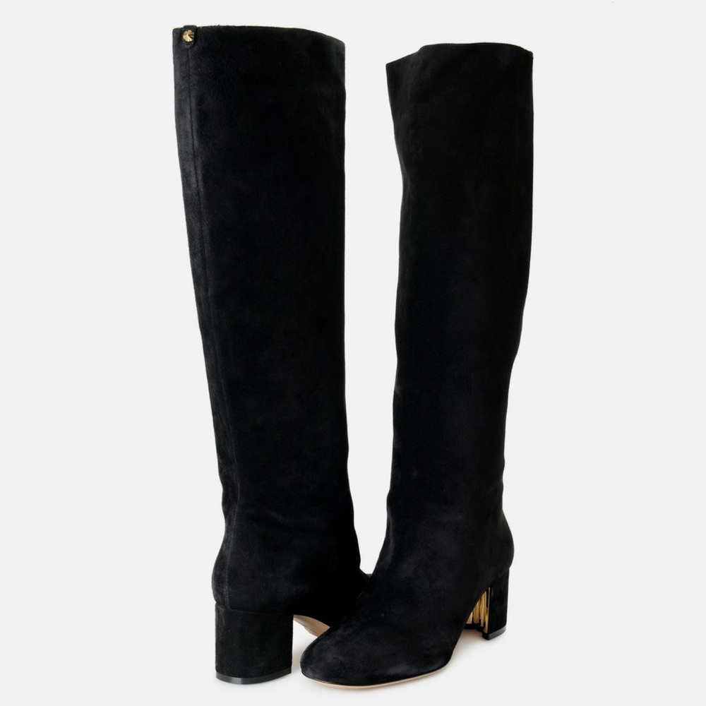 Salvatore Ferragamo "VETTO" Black Suede Gold Scalloped Heeled Boots